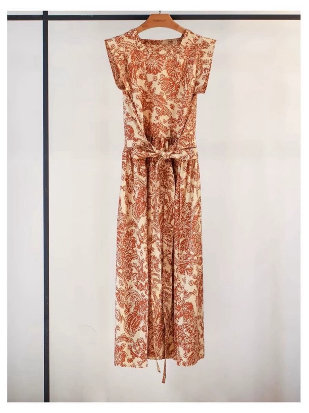 Sleeveless Cream and Rust Floral Maxi Dress with Waist Tie